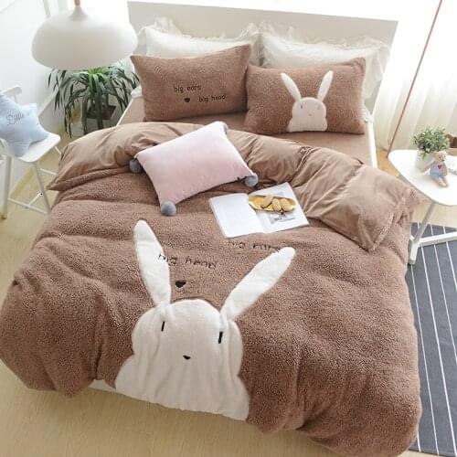 Cartoon bear rabbit style Cashmere bedding set thick duvet cover 4pcs pink winter warm comforter sets