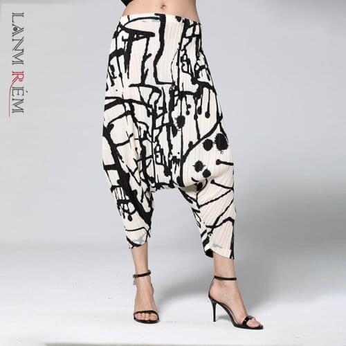LANMREM Pleated Pants 2021 Summer Trend New Striped Elastic High Waist Fashion Printting Trousers Female Harem Pants YJ167