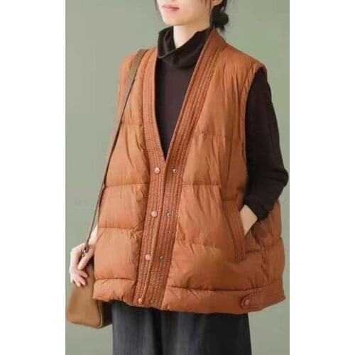 Trendy Winter Women Warm V-neck Short Down Vest Solid Color Single Breasted 90% White Duck Down Coat Ultra Light Waistcoat