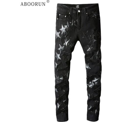 ABOORUN Mens Black Ripped Hole Jeans PU Leather Stars Patchwork Stretch Slim fit Denim Pants Streetwear for Male