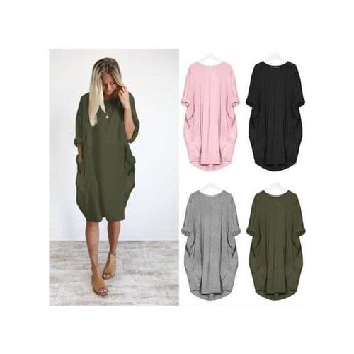 2021 New Plus Size Boho Womens Dress Ladies Casual Pocket Loose Dress Crew Neck Mini Tops Dress female vestidos verano