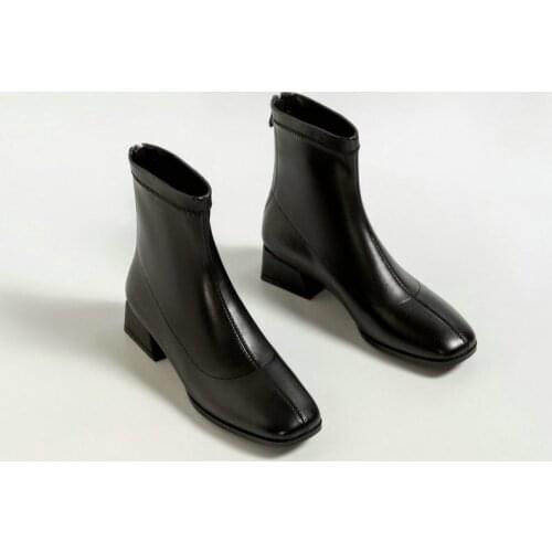 2021 Autumn Black Boots Zipper Square Heel Leather Chelsea Boots Streetwear Dating Ankle Boots for Women