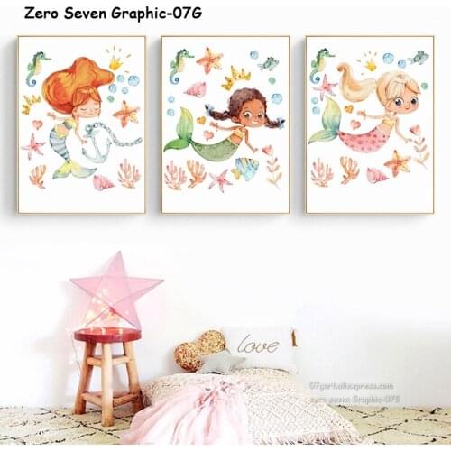 Nordic Decor Watercolor Cartoon Mermaid Canvas Poster And Print Wall Art Pictures For Bedroom Gift For Baby Girl Home Decoration