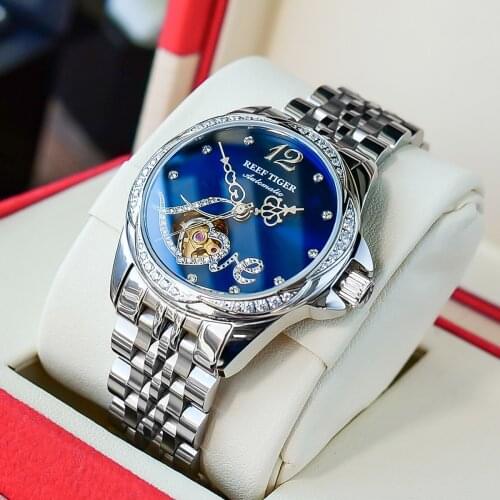 Reef Tiger/RT Fashion Flower Diamond Women Watch Steel Bracelet Automatic Mechanical Watch Sapphire Glass Waterproof Watch