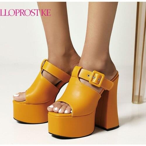 Lloprost ke Sandals Women Summer Platform Slippers 2021 Pu Leather Peep Toe Belt Buckle Exetrme High Heels 15cm Club Shoes Woman