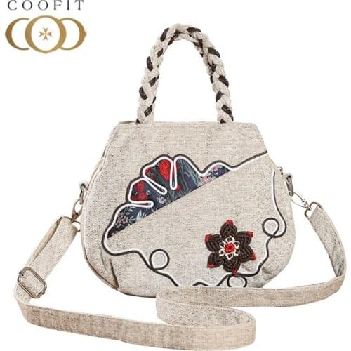Coofit Art Style Ladies Top Handle Bags Casual Vintage National Style Handbag Purses Female Flax Handmade Shoulder Crossbody Bag