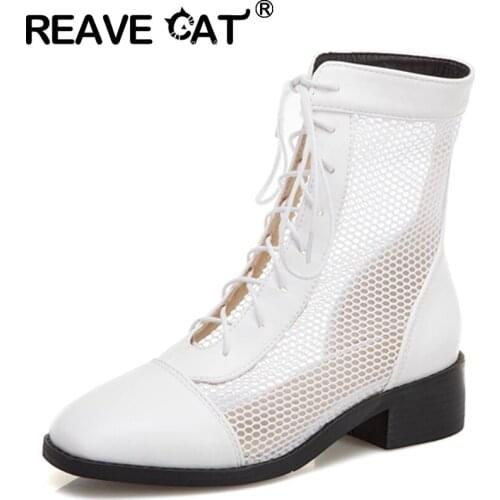 REAVE CAT New 2021 Women Ankle Boots Round Toe 3.8cm Block Heels Patchwork Mesh Lace-Up Breathable Comfy Big Size 32-43 A3735