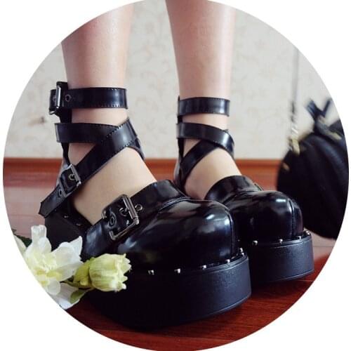 Womens Lolita Ankle Strap Round Toe Platform Gothic Rivet Studs Punk Pumps Shoes Creepers Belt Buckle Japanese Harajuku New B124