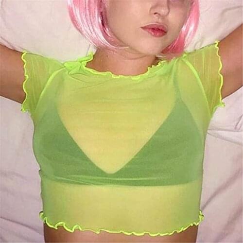 Women Sexy Cop Top, Adults Solid Color Short Sleeve Round Neck See-through Mesh T-shirt