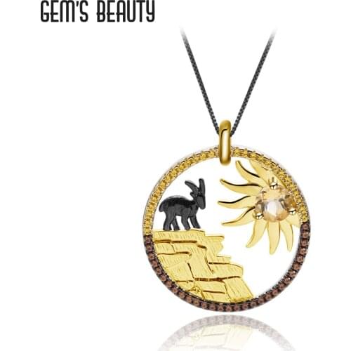 GEMS BEAUTY 18K Gold Filled 925 Sterling Silver Necklace Goat Sun Handmade Pendant Necklace For Women with Natural Citrine