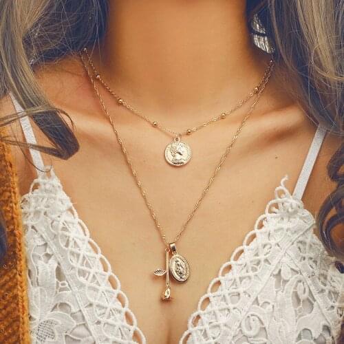 Vintage Figure Goddess Rose Flower Pendant Necklaces for Women Multilayer Cross Moon Geometric Clavicle Necklace Jewelry YN160