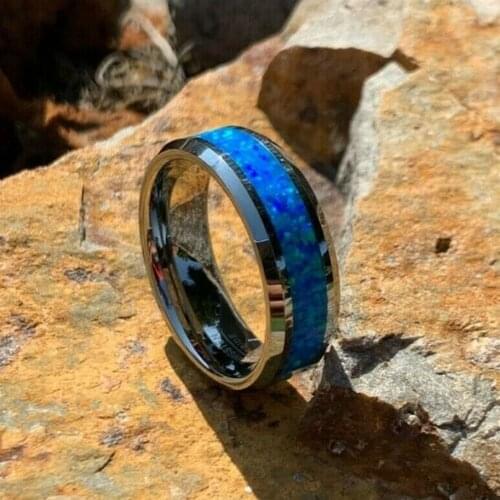8MM Mens Tungsten Carbide Inlay Hawaiian Imitation Blue Opal Groove Ring Mens Engagement Wedding Band Cocktail Party Jewelry
