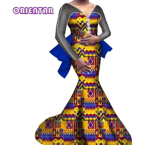 African Clothes for Women African Print Dresses Women Long Sleeve Dress African Bazin Riche Anakra Maxi Dress Robe Party WY7583