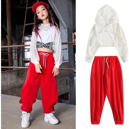Kids Jazz Dance Costumes White Tops Red Hiphop Pants Hip Hop Clothing For Girls Ballroom Modern Performance Dancewear DQS3356