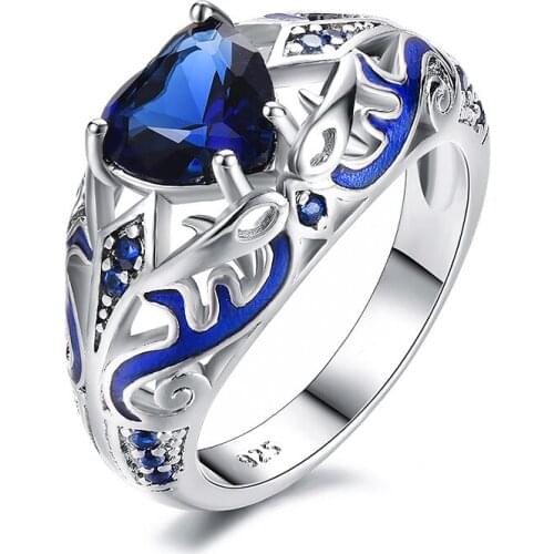 Hainon Top Quality Silver Color Blue Natural Birthstone Bride Wedding Engagement Heart Ring Man or Woman Gift engagement ring