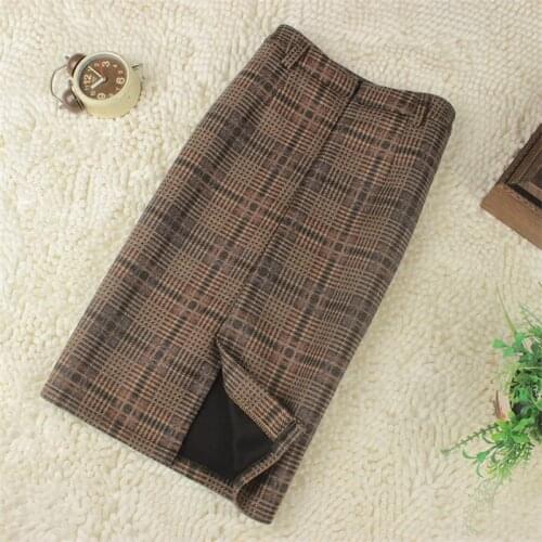 Classic Vintage Plaid Womens Woolen Skirts Straight Midi Winter Bodycon Skirts Lady Plus Size S-4XL Office Casual Skirts