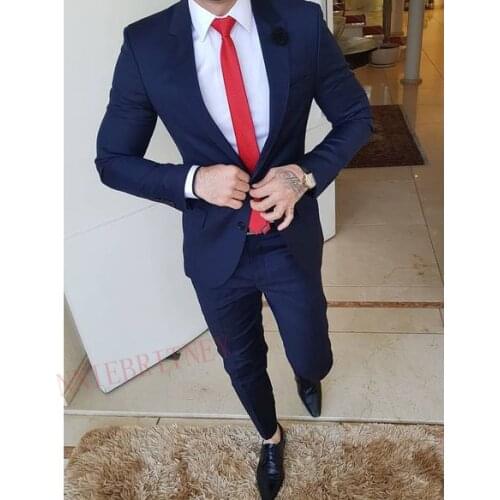 Classic Men Suit 2 pieces Formal Navy Blue Mens Wedding Suit Tuxedo Tailored Suits for Groom Business Blazers Jacket with Pants