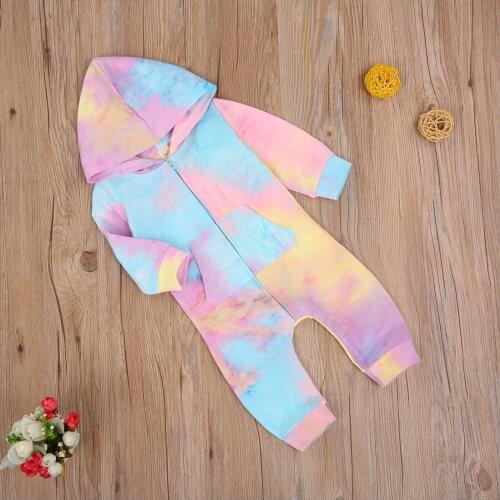 Baby Boy Girl Hooded Rompers, Long Sleeve Tie Dye Print Zip Up One Piece Jumpsuit Pants with Pocket