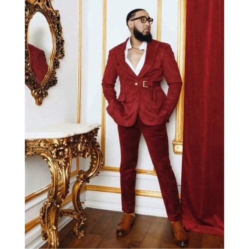 Red Velvet Wedding Tuxedos High Quality Mens 2 Pieces Groom Suits Peaked Lapel Slim Fit Prom Party Blazer Jacket (jacket+pants)