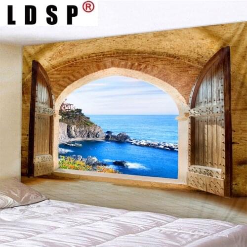 LDSP Window Sea Landscape Digital Printed Tapestry Wall Hanging Wall Covering Rugs Background Cloth Beach Mat Blanket Home Decor