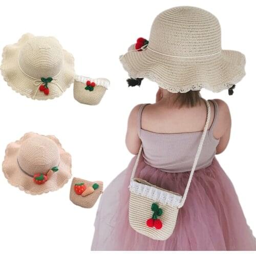 Summer Girl Straw Hat Bag Set Cute Strawberry Cherry Outdoor Beach Hats Sweet Princess Sun Cap 2-7Y Baby Girls Straw Bags Gifts