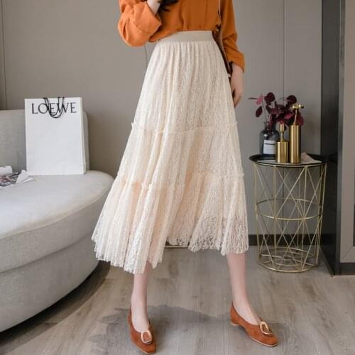 New Fashion High Waist Lace Fairy Skirt Autumn Winter Apricot Elegant Pleated Long Skirt Women Korean A-line Midi Skirt