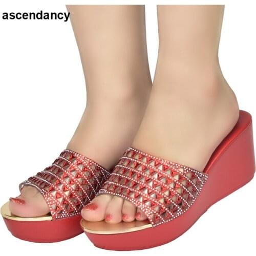 Latest Women Bling High Heel Pumps Ladies Wedding Shoes with Rhinestone Wedges Slides Party Sandals Platform Slipper Peep Toe