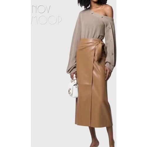 Novmoop casual style women spring high waist patchwork sheepskin genuine leather long skirt with bow decor spódniczka LT3066