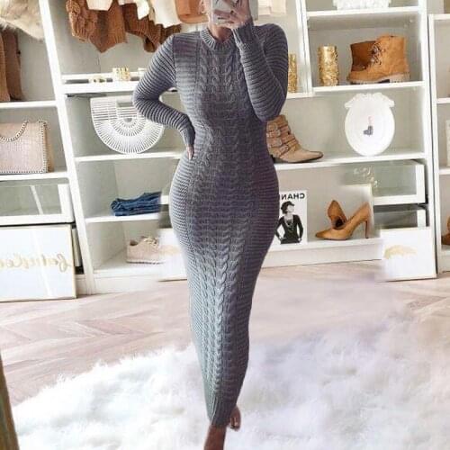 Autumn Winter Twist Sweater Dress Long Sleeve Sexy Sheath Pullover Maxi Dreeses Solid Plus Size Warm Knitted Dresses Vestidos