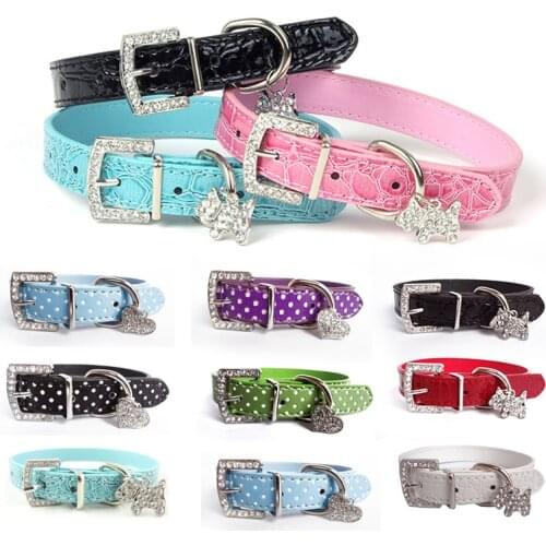 Crystal Rhinestone Pendant Puppy Collar Adjustable PU Leather Pet Collar for Small Medium Dogs Leash Pet Supplies Perros Mascota
