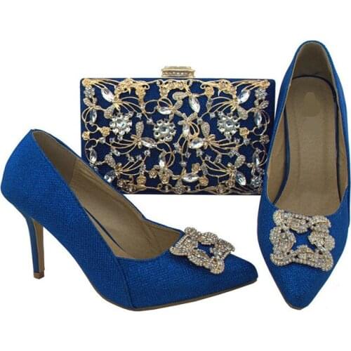 Popular royal blue women shoes with rhinestone decoration african shoes match purse set for dressing BL003, heel 8.5CM