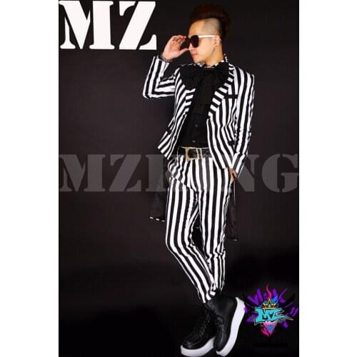 S-4xl Men Fashion Dj Nightclub Singer Korean Male Blockb Big Bows Black White Vertical Stripes Suit Costumes Stage Formal Dress