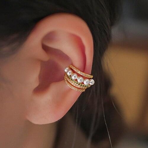 A Girl' Single Piece Multi Layer Pearl Clip Earrings Without Piercing CZ Stone Earrings for Women French Minimalist Ear Cuff