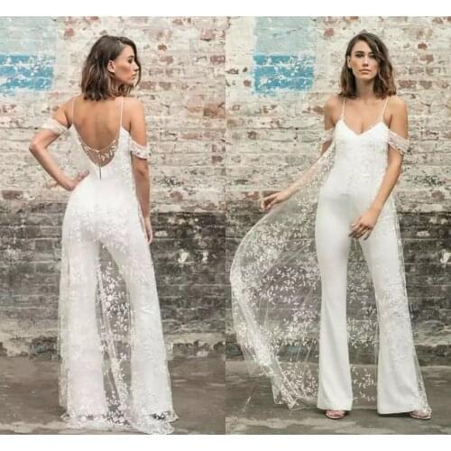 Sexy Open Back Pant Suit Wedding Dresses With Cape Lace Appliques Jumpsuit Off The Shoulder Spaghetti Straps Formal Bridal Gowns