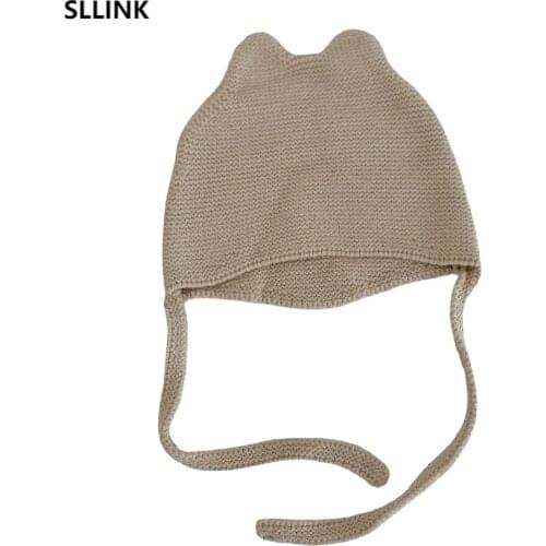 New childrens winter warm knit hat lovely baby lace up wool hat Japanese Harajuku solid color ear hat bonnets bonnets