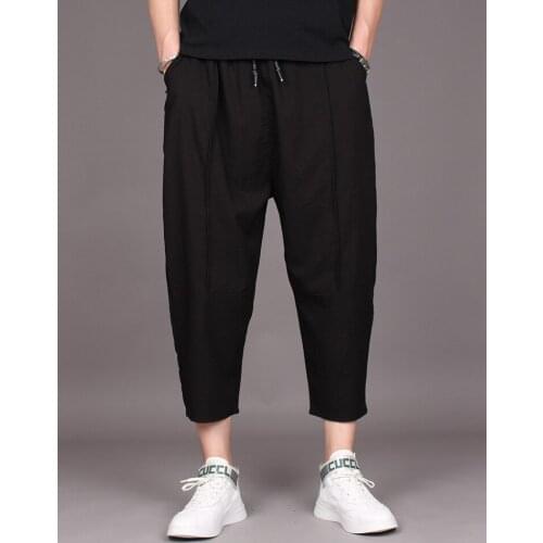 Dark black loose large Capris summer trend ice silk low crotch cross pants mens hairdresser wide leg casual Harem Pants