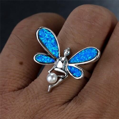 Vintage Female White Blue Opal Ring Rose Gold Silver Color Engagement Ring Luxury Fairy Wing Pearl Wedding Rings For Women