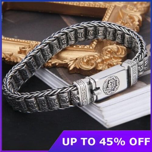 925 Sterling Silver Vintage Six-character Tumbler Bracelet Men Women Thai silver Retro Exquisite Bucket Beads Bracelet Jewelry