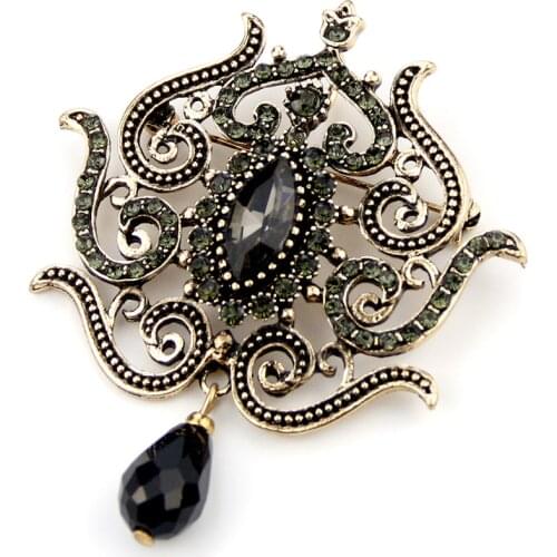 Sunspicems Retro Gold Color Women Flower Brooch Vintage Gray Crystal Bohemia Banquet Jewelry Arab Caftan Robe Brooches Pins Gift