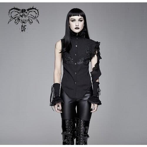 Devil Fashion Womens Gothic High Neck Shirt Punk Rock Personality Handsome Asymmetry Sleeve Music Stage Club Blouses