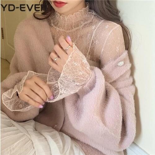 New 2020 Spring Summer Blouse Lace Women Flare Sleeve Turtleneck Sweet Elegant Casual Pullover Bottoming Tops BL9175