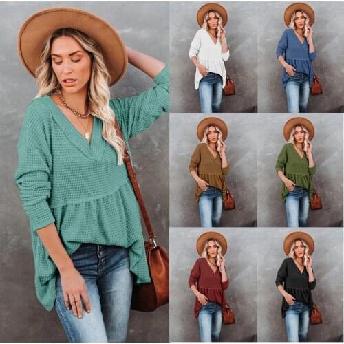 2021 Spring Autumn T Shirt Fashion Women Casual Solid Color V Neck Long Sleeve Ruched Streetwear Loose Knit Tee Tops
