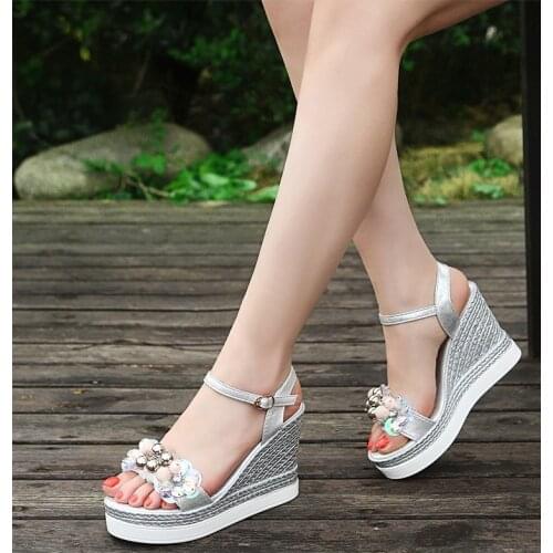 2021 Female Fashion Flower Open Toe Sandals Dress Silver Sandals Women Rhinestone Wedges Platform Party Shoes Woman Size 40