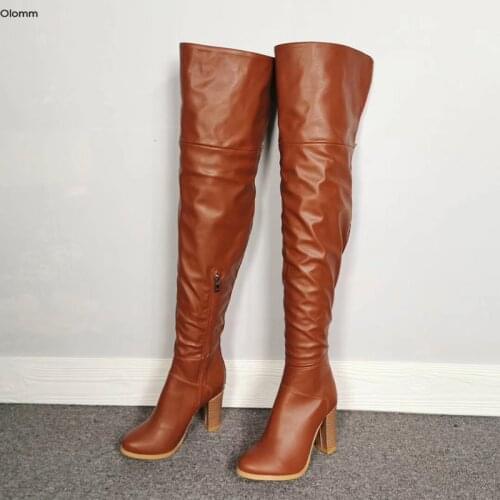 Olomm Handmade Women Over The Knee Boots Square High Heel Boots Nice Round Toe Pretty Brown Casual Shoes Women Plus US Size 5-15