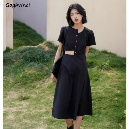 Dresses Women Mid-calf Black Hepburn New Summer Asymmetrical Vintage Show-Waist Sexy All-match Harajuku Design Aesthetic Vestido