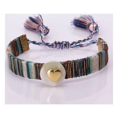 Gold star sign shell ethnic boho soft cotton silk tassel wristband adjustable bracelet daily jewelry for woman gift