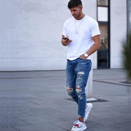 2021 Autumn and Winter new style foreign trade mens jeans ripped feet pants mens denim trousers