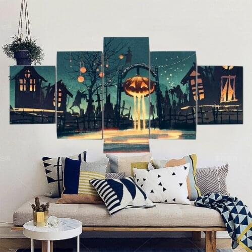 5 Pieces Wall Art Canvas Painting Halloween Night With Pumpkin And Haunted Houses Poster Modern Living Room Decoration Painting
