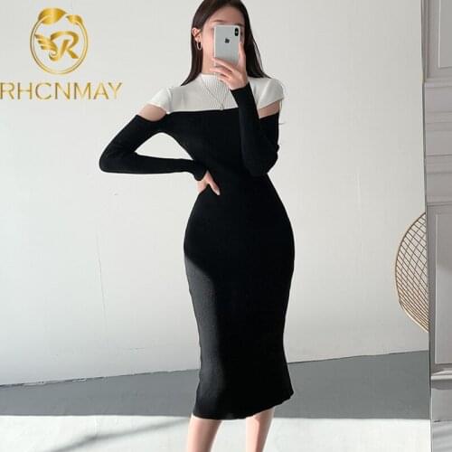 Korean Style Women High Quality Temperament Slim Color Matching Leaky Shoulder Long Sleeve Knitted Sweater Dress