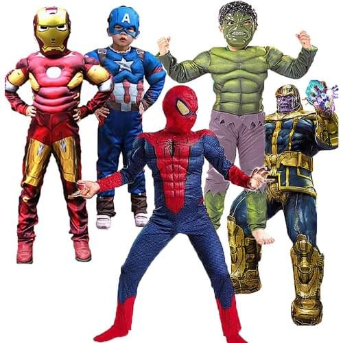 Super Hero Cosplay Costume Kids Party Superhero Bodysuit Boy Girl Iron Spiderman Hulk Children Muscle Suit Halloween Gift 4-12Y